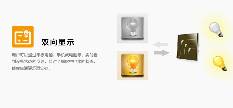 雙向顯示，用戶可通過平板電腦、手機(jī)或電腦燈，實(shí)時(shí)看到設(shè)備狀態(tài)的反饋，隨時(shí)了解家中電器的狀態(tài)，使您生活更舒適安心。